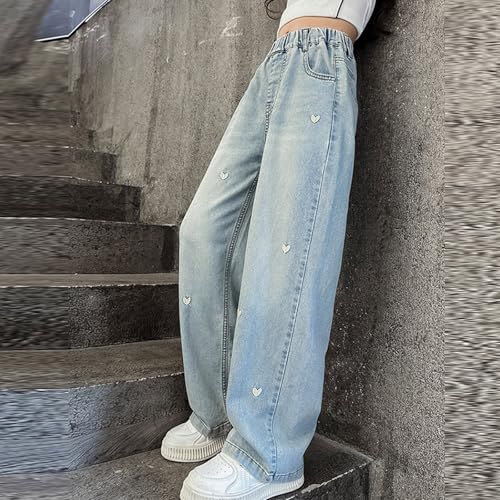 Girls Baggy Wide Leg Jeans Distressed Elastic Waist Star Embroidery Ripped Denim Pants Y2k Boyfriend Loose Fit Trousers2
