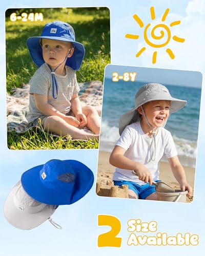 Kids Sun Hat with Neck Flap, UPF 50+, Quick Dry Beach Hat for Baby Boys Girls (US, Age, 6 Months, 24 Months, Deep Blue+Light Gray) - image 6