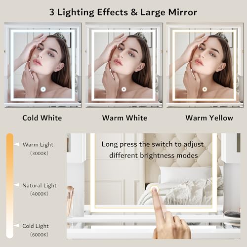 Image of iPormis Vanity Desk with Mirror and Lights, Glass Top Makeup Vanity with RGB Light and Power Outlet, Dressing Table Mirror with 3 Lighting Colors, 7 Drawers, 3 Cabinets, White Vanity for Bedroom