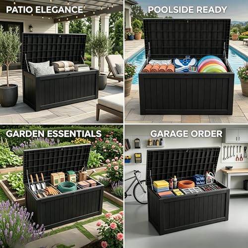 Image of Large 258 Gallon Resin Deck Box, Heavy Duty Lockable Patio Storage Box Outdoor, Waterproof Tool Box for Garden Furniture Cushions & Pool Supplies, Wood Grain Outdoor Storage Bench for Backyard