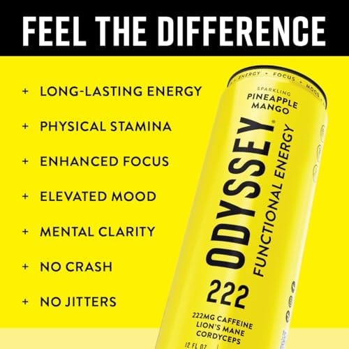 Image of Odyssey Functional Energy Drink, Pineapple Mango, 222mg Green Tea Caffeine, Clean Energy & Focus, Low Calorie, No Added Sugar, No Crash, Lion's Mane & Cordyceps, 12 Pack 12 Fl Oz