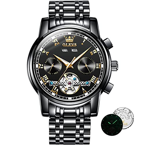 OLEVS Automatic Watch Men Skeleton Self Winding Men Watch Japan Movement Black Mechanical Watches for Men Luxury Dress Wrist Watch no Battery Tourbillon Wristwatches Stainless Steel Watches