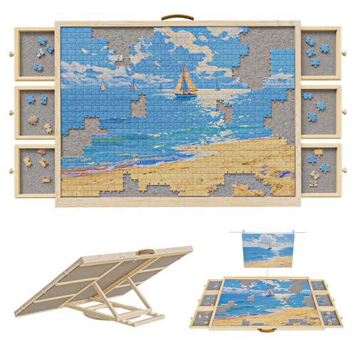 1500 Pcs Rotating Puzzle Board with 6 Drawers & Cover, Wooden Puzzle Table with Lazy Susan Spinning,Portable Jigsaw Wood Table with Non-Slip Felt 35'x26'