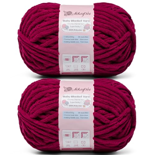 Image of 2 Pack Burgundy 14.1 oz /196.8 yds Chunky Chenille Yarn for Crocheting, #7 Super Bulky Baby Blanket Yarn for Crocheting Soft, Fluffy Velvet Yarn for Knitting, Amigurumi Crochet Yarn for Crafts