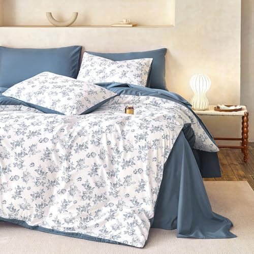 Image of Wake In Cloud - Cottagecore Comforter Set, Floral Vintage Flower Shabby Chic Coquette Aesthetic for Women Teen Girls, Soft Lightweight Dorm Bedding, 3 Pieces, Dark Blue, Full Size
