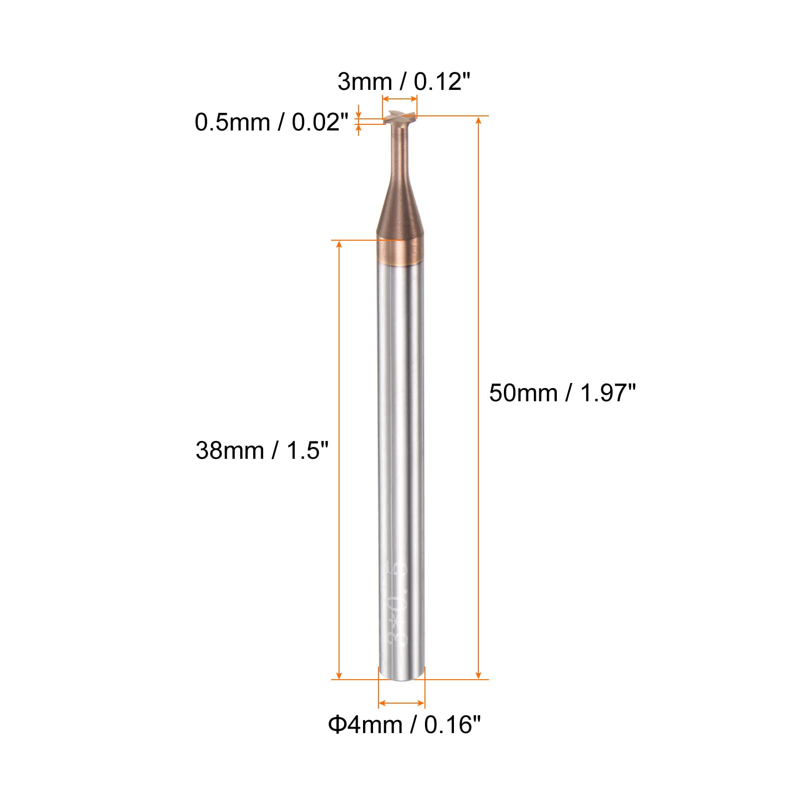 sourcing map T Fente Fin Fraisage Moulin Coupeur 3mm Coupe 0.5mm Profondeur 4mm Tige Solide Carbure Titane Revêtu 4 Flûtes pour Inox Acier Alliage
