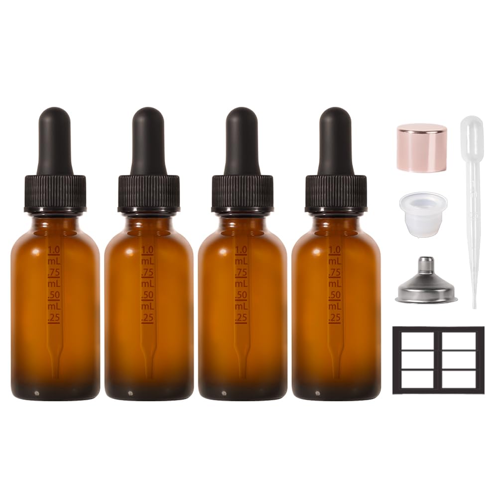 Stellacare 1oz, 4 Pack Amber Glass Dropper Bottles - Leak Proof Travel Bottles for Oils