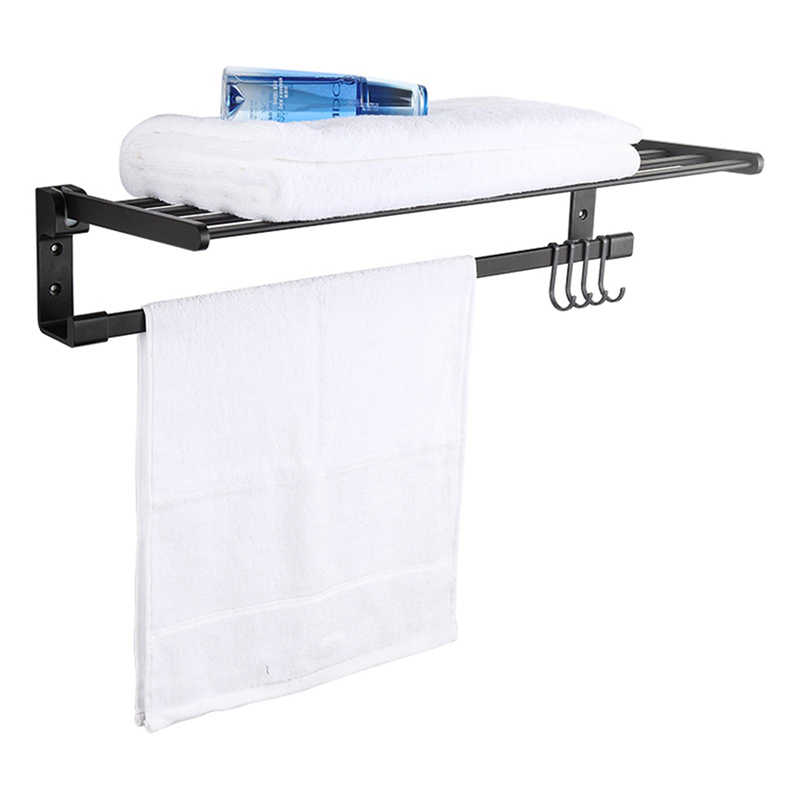 Porte-serviettes mural 60 cm en aluminium noir à deux niveaux avec barre pliable - 8