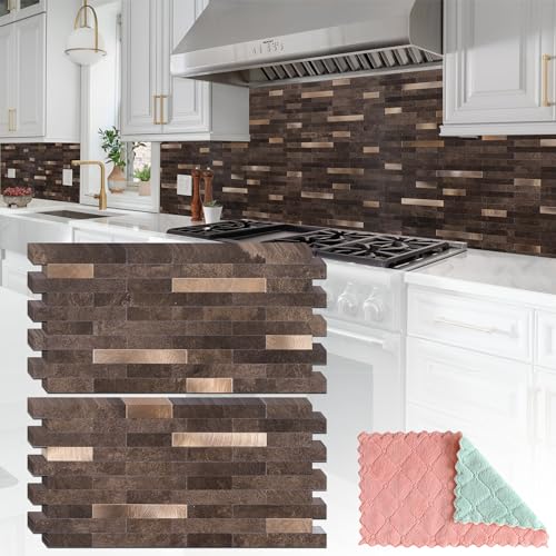 Comparison: Best Backsplash For Brown Cabinets 7 StyloVue 20 Sheets Peel and Stick Backsplash for Kitchen, Dark Brown with Metal Gold Look Stick on Tile Upgrade Your Kitchen Backsplash, RV, Fireplace