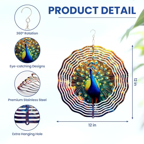 Image of FLAGWIX Peacock Wind Spinners Outdoor - 3D Stainless Steel Metal Kinetic Spinner 12 inch - Gardening Gifts for Women, Peacock Yard Art Home Garden Decor, Gifts for Outside