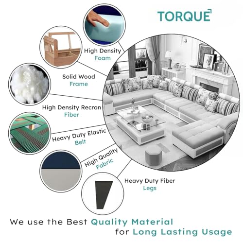 Image of Torque - Silvester 12 Seater Sofa Set for Living Room (Right Side, Lime Green & White) | Interchangeable U Shape Sectional Sofa with Puffy and Stool for Guest Room