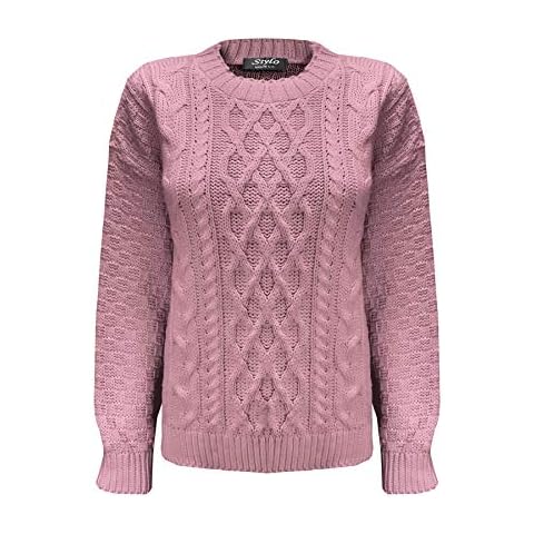 Generation Fashion New Women Ladies Crew Neck Knitted Long Sleeves Warm Chunky Sweater Formal Everyday CasualCable Knit Jumper Tops Pullover[Dusty Pink,M-L] Cover