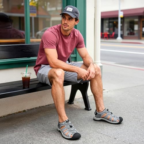 Image of DREAM PAIRS Men's 160912-M-NEW Adventurous Summer Outdoor Sandals, Grey /Black, 7