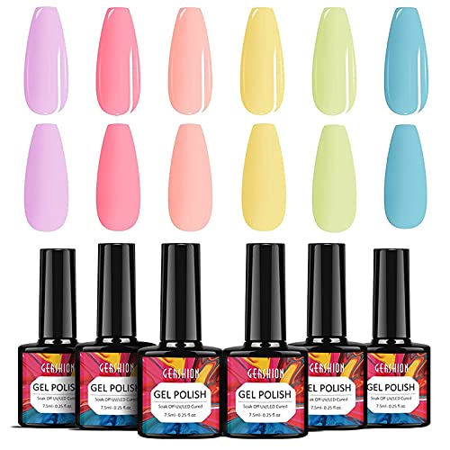 GERSHION Pastel Gel Nail Polish Set, 6 Colors Gel Polish Set, Soak Off UV Lamp Gel Polish Kit, Nude Pink Yellow Green Color Nail Polish Kit, 7.5ml Gel Polish Kit H-10