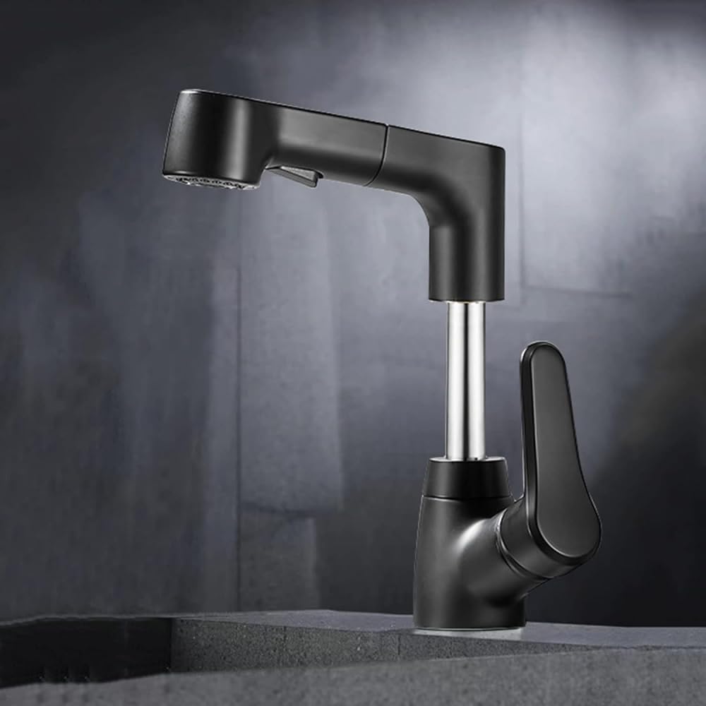 Robinet de lavabo relevable extractible, mitigeur de salle de bains noir a rotation 360 degres