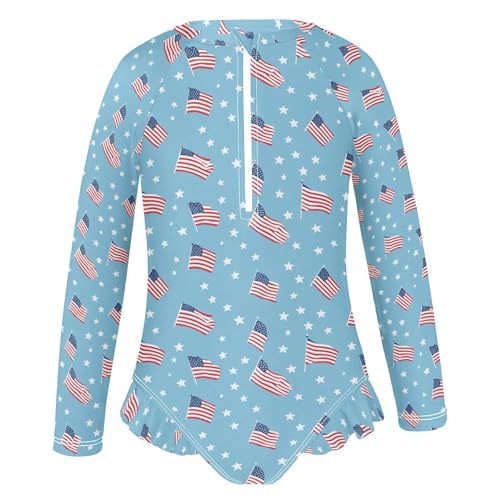 July 4th American Flag Girls Long Sleeve Rashguard Swimsuit UV Protection One-Piece Swimwear B04045962