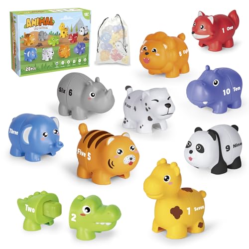 Image of Learning Toys for 2 3 4 Year Old, 20 Pcs Number Matching Game with Digital English, 10 Different Animal Figures, Preschool Activities Montessori Fine Motor Toys for Toddlers Kids