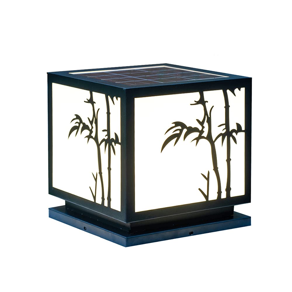 Black Square Wall Pillar Headlight Solar Post Cap Light with Bamboo Pattern Vintage Chinese Style Lawn Bollard Lantern Fence for 4x4 5x5 6x6 Posts Patio Garden Decoration (size_name 9.8in*9.8in)