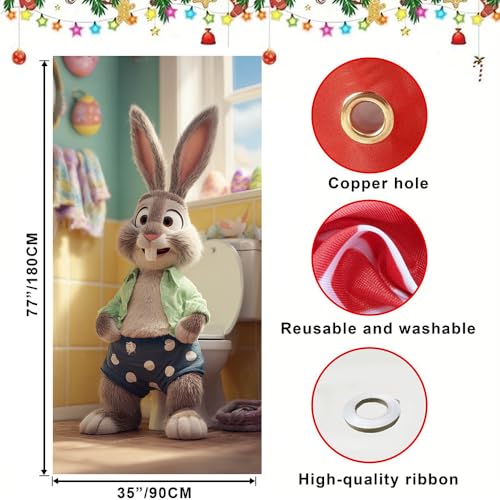 Image of Easter Door Cover Funny Bunny Bathroom Door Banner Happy Easter Door Covers for Front Door Spring Easter Door Decorations 35x71 Inch
