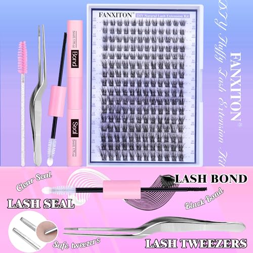 Image of FANXITON Natural Lash Extension Kit D Lash Clusters 288 pcs 10-18 mm Mix DIY Eyelash Extension Kit with Lash Bond and Seal Lash Tweezers Individual Lashes For Beginners