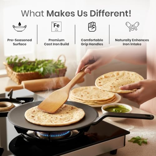 Image of HomeEssentials Premium 26cm Cast Iron Tawa /Dosa Tawa | Flat Griddle with Long Handle | Perfect for Crispy Dosas, Rotis, Chapatis, Paranthas & Pancakes | Heavy-Duty, Induction & Gas Stove Friendly