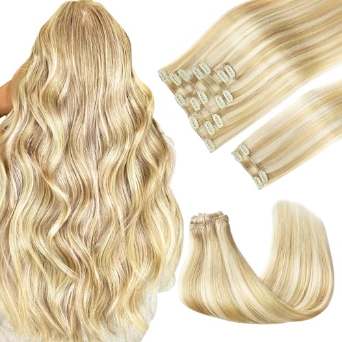 GOO GOO Clip in Hair Extensions Real Human Hair, Remy Human Hair Extensions Clip ins for Women, Natural Human Hair, 20inch 150g 9Pcs, 18D/22F Dirty Blonde Highlights