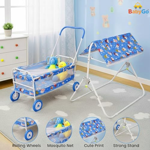 Image of BabyGo Baby Cradle with Swing, Mosquito Net & Canopy | 0-12 Months | Foldable 2-in-1 Rocking Cradle Cot with 4 Wheels & Brake | Soft Bed | Metal Frame | Blue (Large)