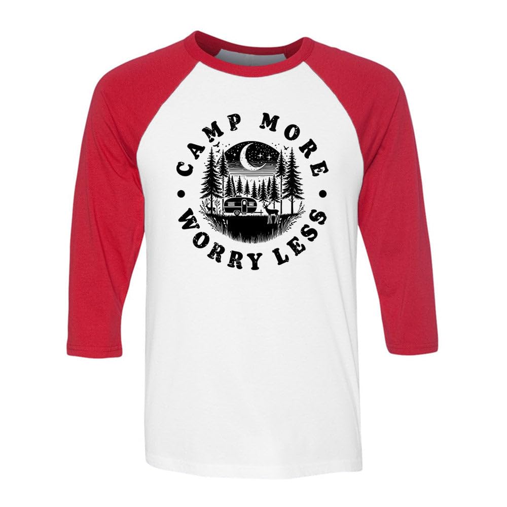 TeesAndTankYou Camp More Worry Less Three-Quarter Raglan Sleeve Baseball Shirt Unisex X-Small White/Red