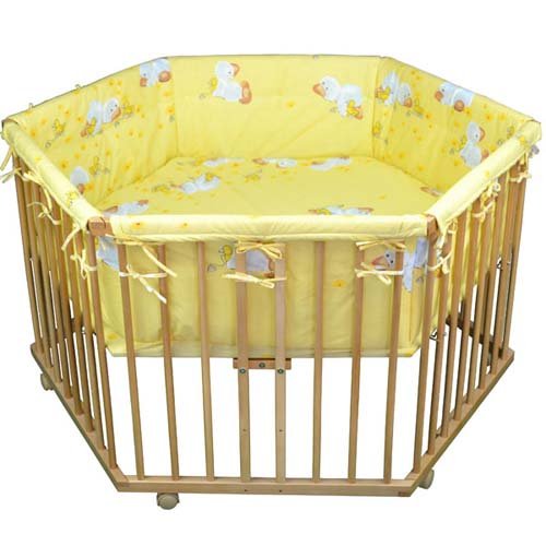 HONEY BEE Kinderlaufstall Baby Laufgitter Laufstall 6-eckig + Einlage Gelb Ente, 3 fach höhenverstellbar