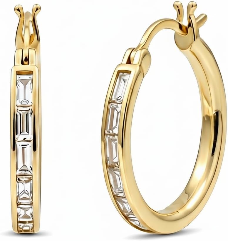 14k Yellow Gold Small Hoop Earrings for Women, Spuare Cut 8 Cubic Zirconia Womens 14kt Golds Huggie Hoops Earring 2.5mm x 20mm, Hypoallergenic Minimalist Lightweight Jewelry for Everyday