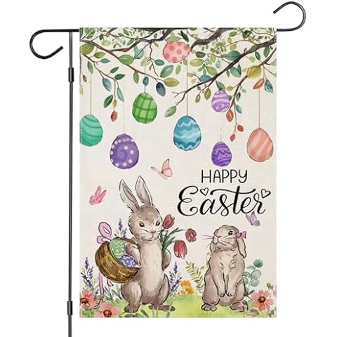 EKOREST Happy Easter Garden Flags for Outside, Watercolor Bunny Eggs Flowers Small Seasonal Decoration for Holiday Anniversary Yard Outdoor Decor 12x18 Inch Double Sided Cover