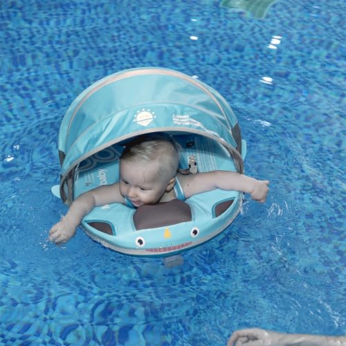 Image of Baby Float with Canopy Non Inflatable Mambobaby Float Pool Floats, Sun Protection Baby Swimming Float Add Tail Avoid Flip Over Swim Trainer for Infants (Narwhal Green-G02NGCTLULNMA01G02)