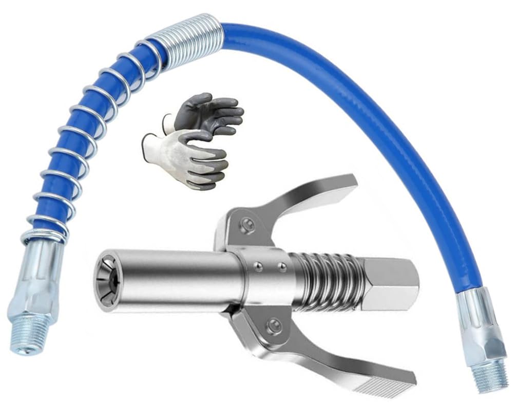 EPITECH MART Grease Gun Coupler Quick Lock and Release 10000 PSI Grease Coupler with 12inch Flexiable Blue Hose Pipe and Hand Gloves-image-45