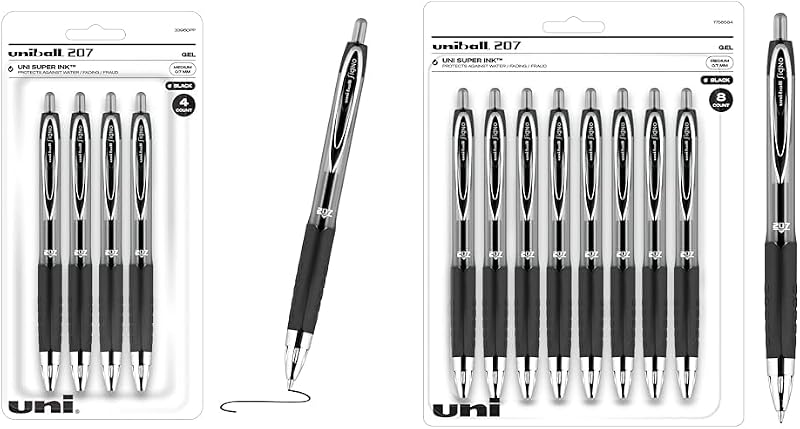 bolígrafos de gel retráctiles uni-ball® Signo Gel 207™, punta media, 0,7 mm, cuerpo transparente, tinta negra y paquete de 8 bolígrafos de gel Signo 207, bolígrafos negros de 0,7 mm, bolígrafos de tinta de gel | Los suministros de oficina vendidos por Uniball son bolígrafos.