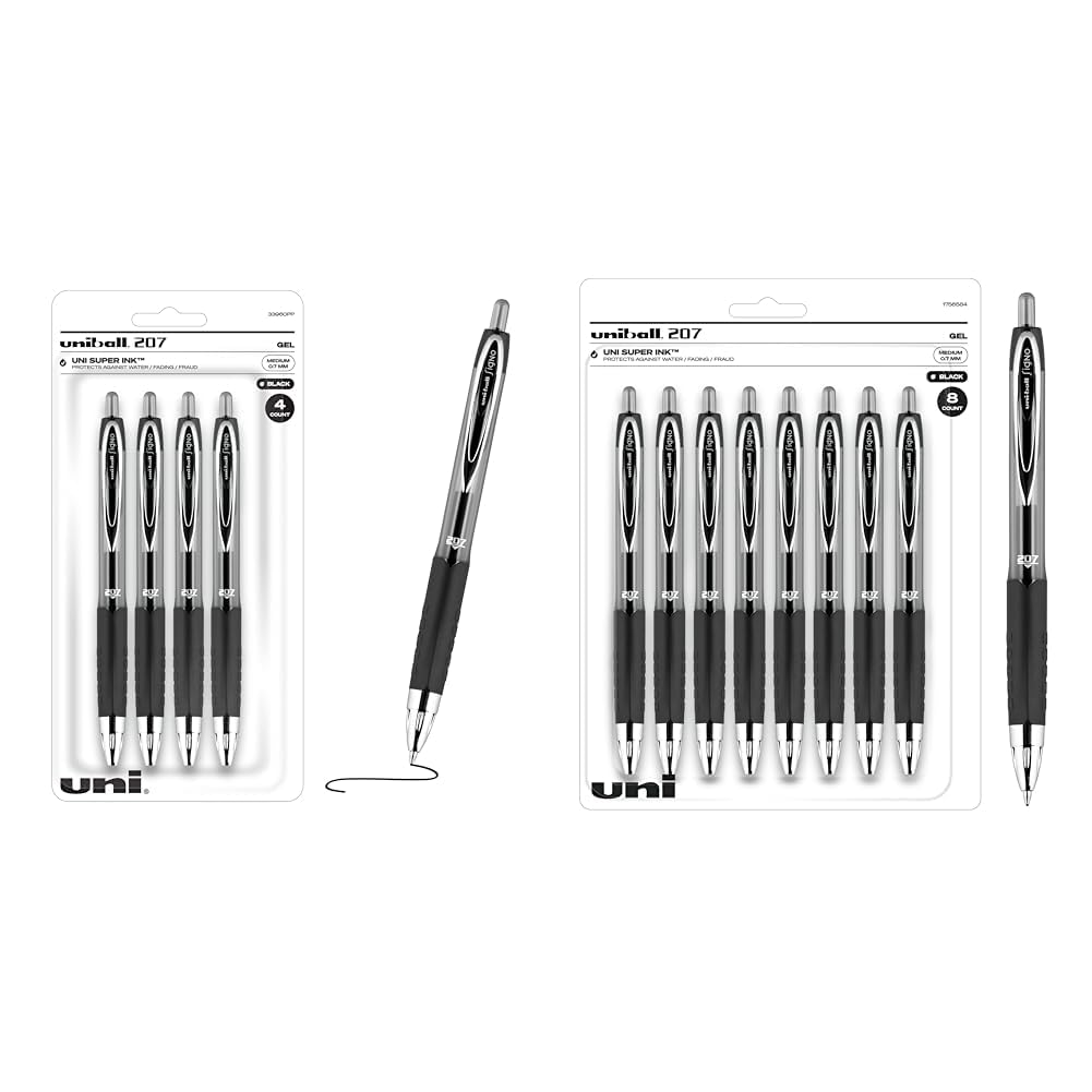 bolígrafos de gel retráctiles uni-ball® Signo Gel 207™, punta media, 0,7 mm, cuerpo transparente, tinta negra y paquete de 8 bolígrafos de gel Signo 207, bolígrafos negros de 0,7 mm, bolígrafos de tinta de gel | Los suministros de oficina vendidos por Uniball son bolígrafos.