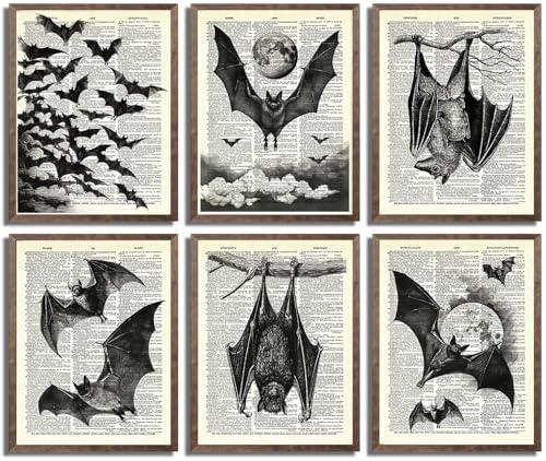 6Pcs Unframed Bat Wall Art Dark Academia Painting Vintage Gothic Bats Canvas Posters Prints for Gallery Living Room Bedroom Office Decorations (8x10in Poster)