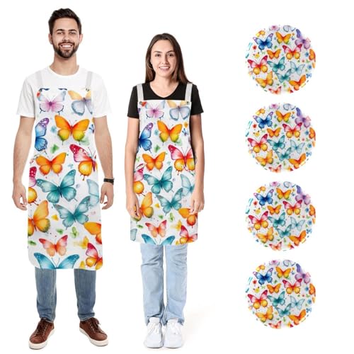 Tabliers de cuisine aquarelle et papillons (lot de 2) réglables avec poches pour homme et femme