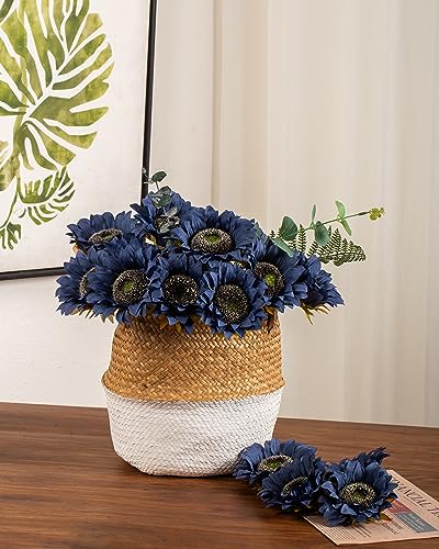 DuHouse 12pcs künstliche Sonnenblumen mit Langen Stielen, 12cm Seide Sonnenblumen Bulk für Hochzeit Haus Garten im Freien Party-Dekoration (Blau)