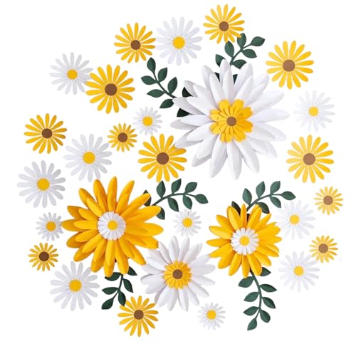Fleurs en papier 3D lot de 34 marguerites crème et feuilles vertes pour décoration bohème