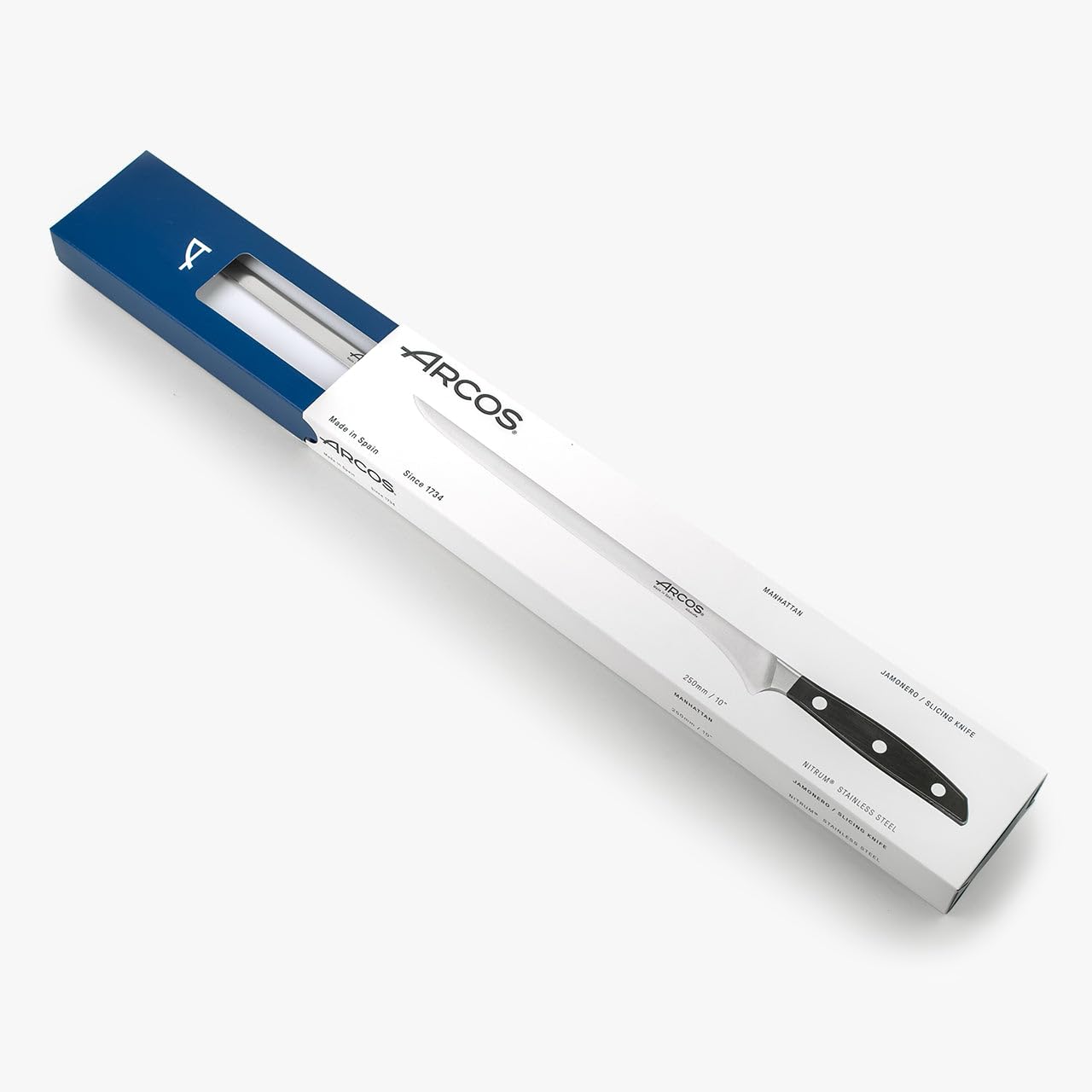 Arcos Coltello da Taglio in Acciaio Inossidabile per Jamón e Carne – Manico Ergonomico in Poliossimetilene, Lama da 250 mm – Nero, Serie Manhattan