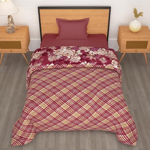 Image of Comforter Single Bed | 240GSM Microfiber Blanket Single Bed | 150x 225cm | Ac Comforter | Magenta & Beige Blanket | Floral Pattern