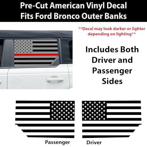 Image of BOGAR TECH DESIGNS Precut Rear Side Window American Flag Vinyl Decal Sticker Compatible with Ford Bronco 2021-2026, Thin Red Line