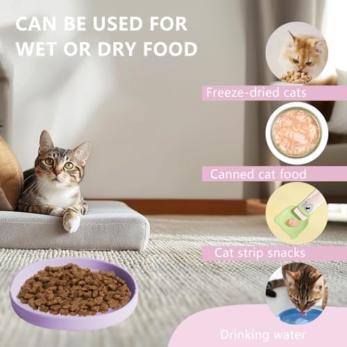 KATLKIU Katzennapf flach, 2er Set Silikon Futternapf Katze mit 2 Katzenfutter Löffel Schieben, rutschfest & leicht zu reinigen Fressnapf Katze, Silikon Katzennapf flach