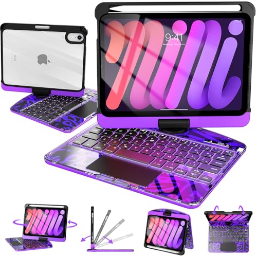Image of Intermerge Keyboard Case for iPad mini 7 (A17 Pro, 2024) & Mini 6 (2021) 8.3 inch - 360 Swivel Multi-Touch Trackpad, 7-Color RGB Backlit Keys, Pencil Holder, Type-C Charging, Power Indicator-Neon Pulse