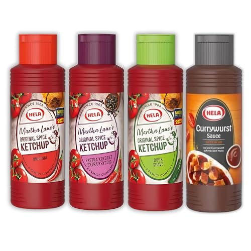 Hela Sauce Bundle 4 Flavours: Original Mild Extra Spicy & Currywurst 300ml Each Versatile Condiments for Grilling Dipping & Cooking