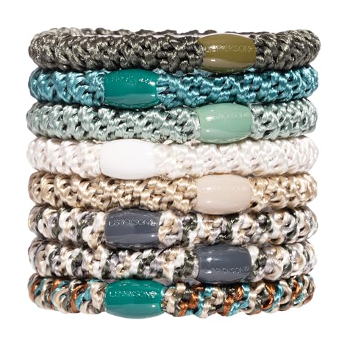 Image of L. Erickson Green and Beige Hair Ties for Thick Hair, Grab & Go Ponytail Holders, 8 Pack, Moss, Thick No-Crease Bands with Strong Hold, Damage-Free Design, Earthy Natural Tones