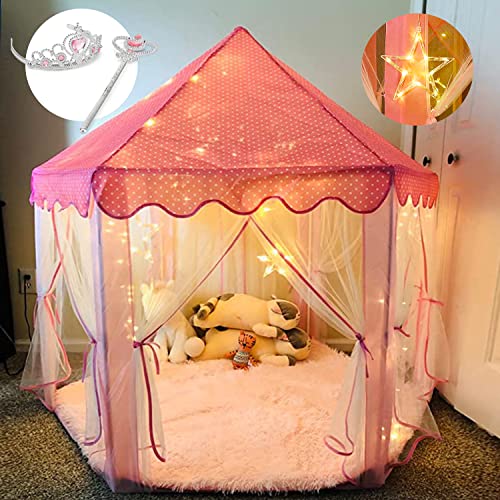 TOY Life Princess Castle Tents for Girls Princess Playhouse Tent with Lights Princess Tiara and Wand 55" x 53" Tents for Kids Princess Play Tent Indoor & Outdoor Games for Girls Birthday Gift