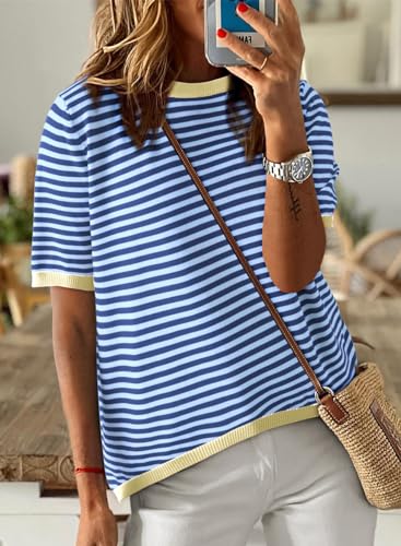 Image of Dokotoo Womens Tops 2026 Casual Summer Crewneck Short Sleeve Striped Color Block Knit High Low Trendy Pullover Sweaters