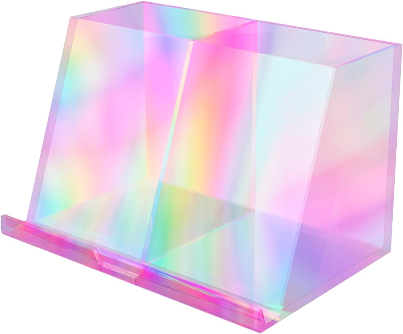 iJoy Acrylic Desk Organizer and Pen Holder – Pink Iridescent Office Desk Organizers with Two Compartments & Built in Phone/Tablet Stand –Kawaii Desk Accessories for Office Organization- Kawaii Stuff
