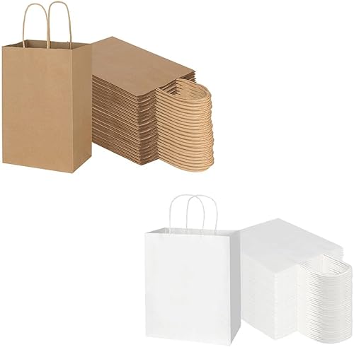 Toovip Cada paquete de 100 bolsas pequeñas de papel kraft marrón y blanco medio con asas a granel
